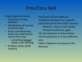 Pros/Cons Skill
To get opposite action:      Pros/Cons of new behavior:
• Pros/Cons of new           •Postpone behavior for a specific
   behavior                  small amount of time (fully commit)
• Mindfulness of current        •Distract, relax, or self-soothe
   emotion/urge
                                •Postpone behavior again
• Break overwhelming
   tasks into small pieces   •Do the behavior in slow motion
   and do first step         •Do the behavior in a very different
    – something always       way
      better than nothing    •Add a negative consequence for
• Problem solve; Build       behavior
   mastery
 