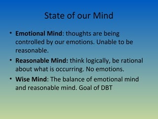 States of Mind Diagram

Reasonable
  Mind

             Wise Mind


                         Emotional Mind
 