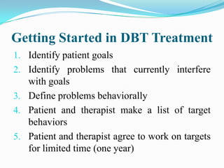 Getting Started in DBT Treatment
1. Identify patient goals
2. Identify problems that currently interfere
   with goals
3. ...