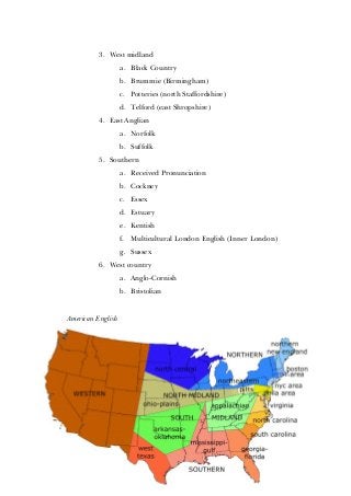 12
3. West midland
a. Black Country
b. Brummie (Birmingham)
c. Potteries (north Staffordshire)
d. Telford (east Shropshire)
4. East Anglian
a. Norfolk
b. Suffolk
5. Southern
a. Received Pronunciation
b. Cockney
c. Essex
d. Estuary
e. Kentish
f. Multicultural London English (Inner London)
g. Sussex
6. West country
a. Anglo-Cornish
b. Bristolian
American English
 