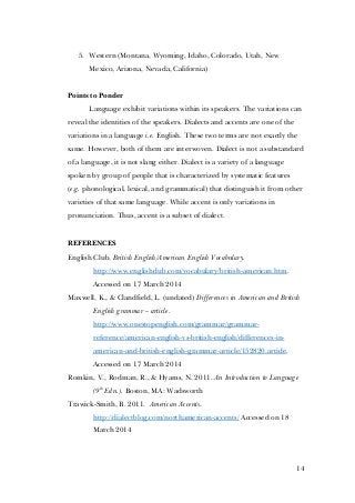 14
5. Western (Montana, Wyoming, Idaho, Colorado, Utah, New
Mexico, Arizona, Nevada, California)
Points to Ponder
Language exhibit variations within its speakers. The variations can
reveal the identities of the speakers. Dialects and accents are one of the
variations in a language i.e. English. These two terms are not exactly the
same. However, both of them are interwoven. Dialect is not a substandard
of a language, it is not slang either. Dialect is a variety of a language
spoken by group of people that is characterized by systematic features
(e.g. phonological, lexical, and grammatical) that distinguish it from other
varieties of that same language. While accent is only variations in
pronunciation. Thus, accent is a subset of dialect.
REFERENCES
English Club. British English/American English Vocabulary.
http://www.englishclub.com/vocabulary/british-american.htm.
Accessed on 17 March 2014
Maxwell, K., & Clandfield, L. (undated) Differences in American and British
English grammar – article.
http://www.onestopenglish.com/grammar/grammar-
reference/american-english-vs-british-english/differences-in-
american-and-british-english-grammar-article/152820.article.
Accessed on 17 March 2014
Romkin, V., Rodman, R., & Hyams, N. 2011. An Introduction to Language
(9th
Edn.). Boston, MA: Wadsworth
Trawick-Smith, B. 2011. American Accents.
http://dialectblog.com/northamerican-accents/ Accessed on 18
March 2014
 