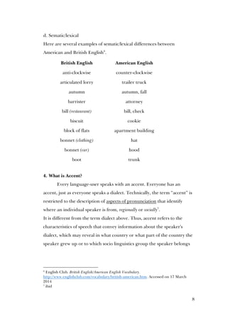 8
d. Sematic/lexical
Here are several examples of sematic/lexical differences between
American and British English6
.
British English American English
anti-clockwise counter-clockwise
articulated lorry trailer truck
autumn autumn, fall
barrister attorney
bill (restaurant) bill, check
biscuit cookie
block of flats apartment building
bonnet (clothing) hat
bonnet (car) hood
boot trunk
4. What is Accent?
Every language-user speaks with an accent. Everyone has an
accent, just as everyone speaks a dialect. Technically, the term “accent” is
restricted to the description of aspects of pronunciation that identify
where an individual speaker is from, regionally or socially7
.
It is different from the term dialect above. Thus, accent refers to the
characteristics of speech that convey information about the speaker's
dialect, which may reveal in what country or what part of the country the
speaker grew up or to which socio linguistics group the speaker belongs
6
English Club. British English/American English Vocabulary.
http://www.englishclub.com/vocabulary/british-american.htm. Accessed on 17 March
2014
7
ibid
 