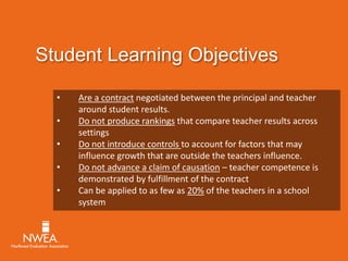Student Learning Objectives 
• Are a contract negotiated between the principal and teacher 
around student results. 
• Do not produce rankings that compare teacher results across 
settings 
• Do not introduce controls to account for factors that may 
influence growth that are outside the teachers influence. 
• Do not advance a claim of causation – teacher competence is 
demonstrated by fulfillment of the contract 
• Can be applied to as few as 20% of the teachers in a school 
system 
 