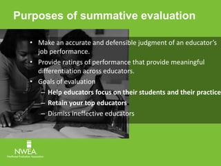 Purposes of summative evaluation 
• Make an accurate and defensible judgment of an educator’s 
job performance. 
• Provide ratings of performance that provide meaningful 
differentiation across educators. 
• Goals of evaluation 
– Help educators focus on their students and their practice 
– Retain your top educators 
– Dismiss ineffective educators 
 