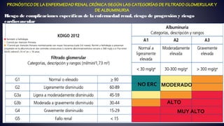 PRONÓSTICO DE LA ENFERMEDAD RENAL CRÓNICA SEGÚN LAS CATEGORÍAS DE FILTRADO GLOMERULAR Y
DE ALBUMINURIA
Riesgo de complicaciones específicas de la enfermedad renal, riesgo de progresión y riesgo
cardiovascular
MUY ALTO
MODERADO
ALTO
NO ERC
 