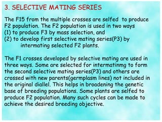 3. SELECTIVE MATING SERIES
The F15 from the multiple crosses are selfed to produce
F2 population. The F2 population is used in two ways
(1) to produce F3 by mass selection, and
(2) to develop first selective mating series(P3) by
intermating selected F2 plants.
The F1 crosses developed by selective mating are used in
three ways. Some are selected for intermatinmg to form
the second selective mating series(P3) and others are
crossed with new parents(germplasm lines) not included in
the original diallel. This helps in broadening the genetic
base of breeding populations. Some plants are selfed to
produce F2 population. Many such cycles can be made to
achieve the desired breeding objective.
 