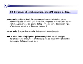 3.2.
3 2 Structure et fonctionnement du SIM pomme de terre


un volet collecte des informations sur les marchés (informations
communiquées à la FPFD par radio VHS,téléphone et radio rurale sur les
volumes, prix pratiqués, qualité de la pomme de terre, destination, types
d’acheteurs, camions et durée du transport).

un volet études de marchés (intérieurs et sous-régional)

Un l t i i
U volet suivi campagne de production portant sur les charges
                           d       d ti       t t     l      h
d’exploitation de chacun des producteurs afin de recueillir les éléments de
fixation prix de la pomme de terre.
 