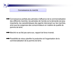 Connaissance du marché




Connaissance parfaite d périodes d’ ffl
C      i           f it des é i d d’affluence d l commercialisation
                                                 de la          i li ti
des différents marchés, les périodes de l’année où la demande est plus
importante, les caractéristiques des agents intervenant sur les marchés,
a s
ainsi que les e ge ces des co so
           es exigences      consommateurs e matière de qua té de
                                       ateu s en at è e      qualité
pomme de terre.


Marché ne se fait pas sans eux, rapport de force inversé.
                  p           , pp


Possibilité de mieux planifier la production et l’organisation de la
commercialisation de la pomme de terreterre.
 