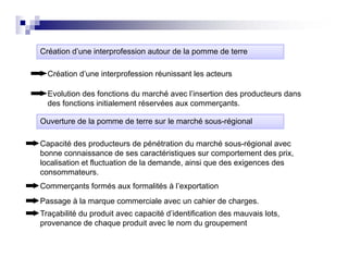 Création d’une i t
C é ti d’      interprofession autour d l pomme d t
                       f   i     t    de la     de terre

  Création d’une interprofession réunissant les acteurs

  Evolution des fonctions du marché avec l’insertion des producteurs dans
  des fonctions initialement réservées aux commerçants.

Ouverture de la pomme de terre sur le marché sous-régional

Capacité des producteurs de pénétration du marché sous-régional avec
bonne connaissance d ses caractéristiques sur comportement d prix,
b             i         de          té i ti               t     t des i
localisation et fluctuation de la demande, ainsi que des exigences des
consommateurs.
Commerçants formés aux formalités à l’exportation
                                    l exportation
Passage à la marque commerciale avec un cahier de charges.
Traçabilité du produit avec capacité d’identification des mauvais lots,
provenance de chaque produit avec le nom du groupement
 