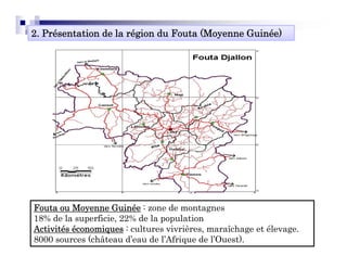 2. Présentation de la région du Fouta (Moyenne Guinée)




Fouta ou Moyenne Guinée : zone de montagnes
18% de la superficie, 22% de la population
           superficie
Activités économiques : cultures vivrières, maraîchage et élevage.
8000 sources (château d’eau de l’Afrique de l’Ouest).
 