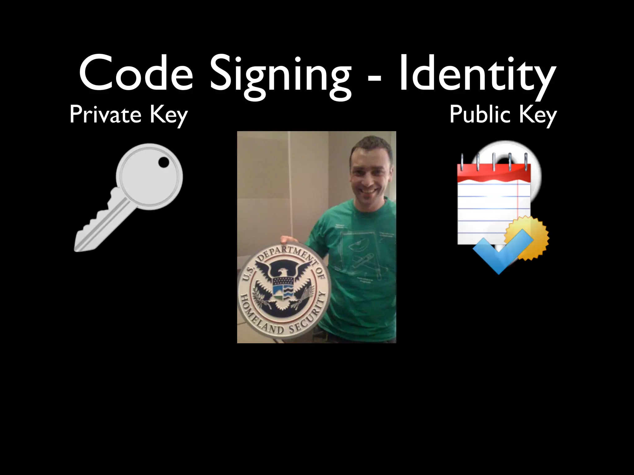 Code Signing - Identity
Private Key      Public Key
 