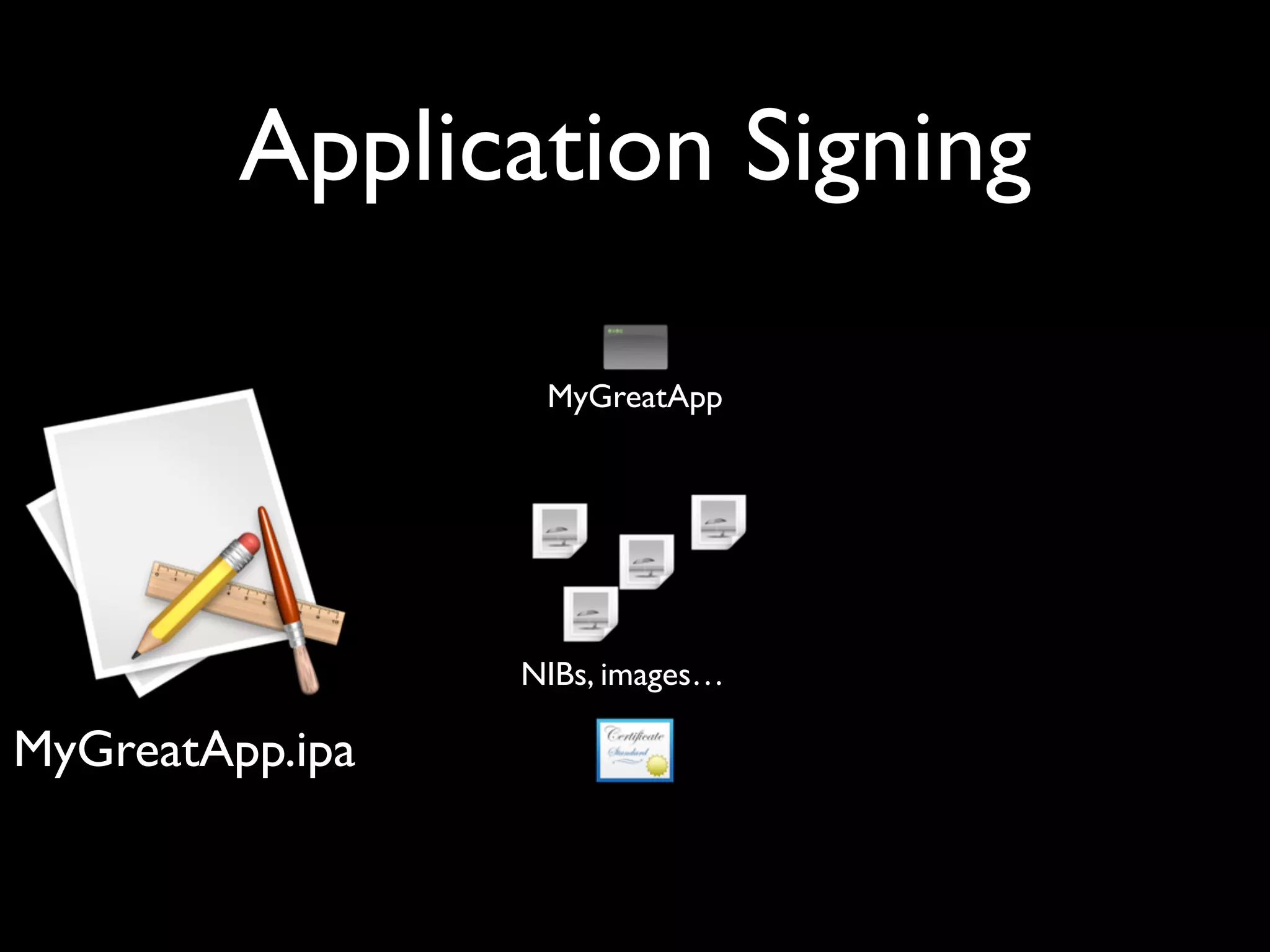Application Signing

                  MyGreatApp




                 NIBs, images…

MyGreatApp.ipa
 