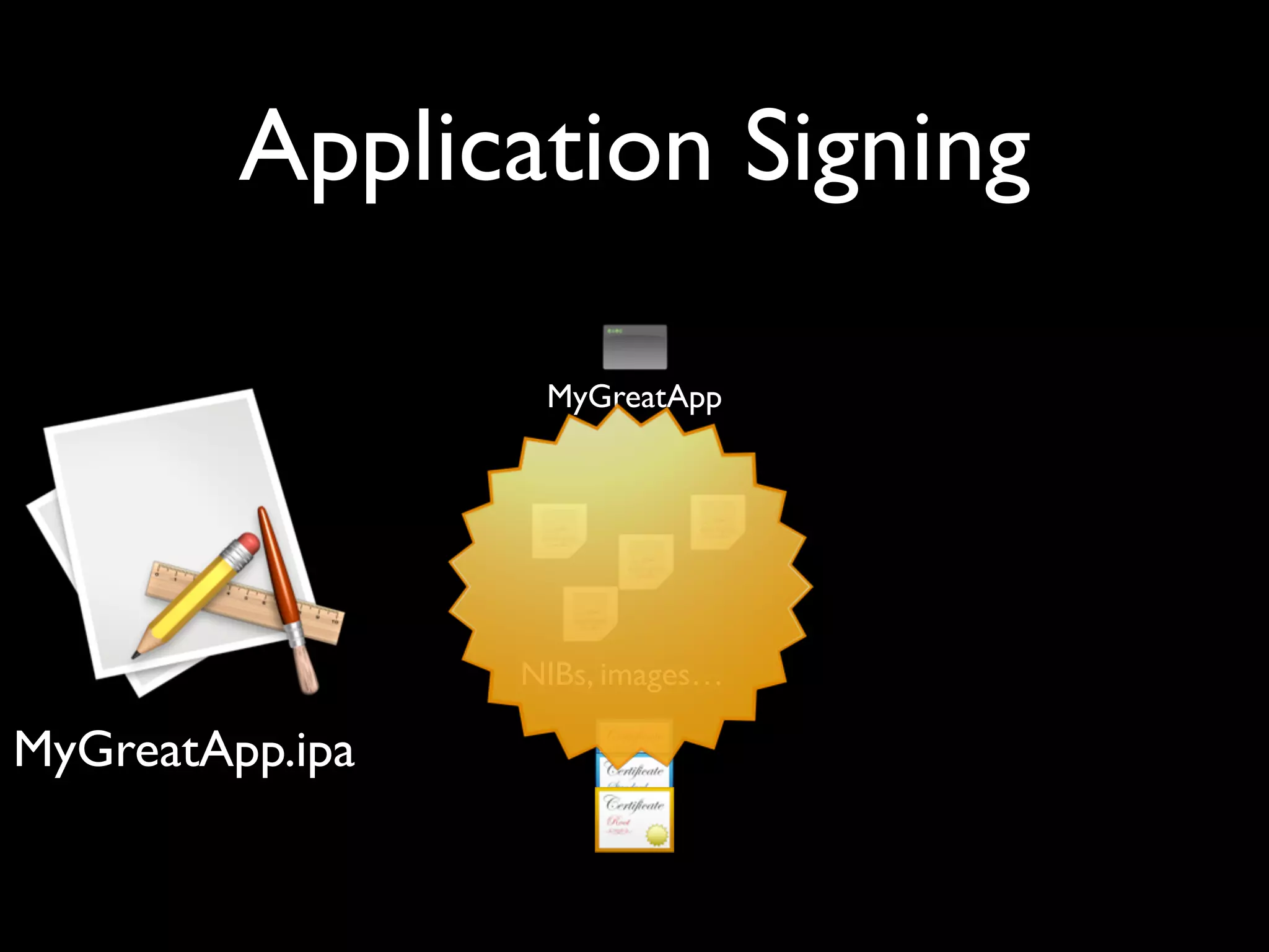 Application Signing

                  MyGreatApp




                 NIBs, images…

MyGreatApp.ipa
 