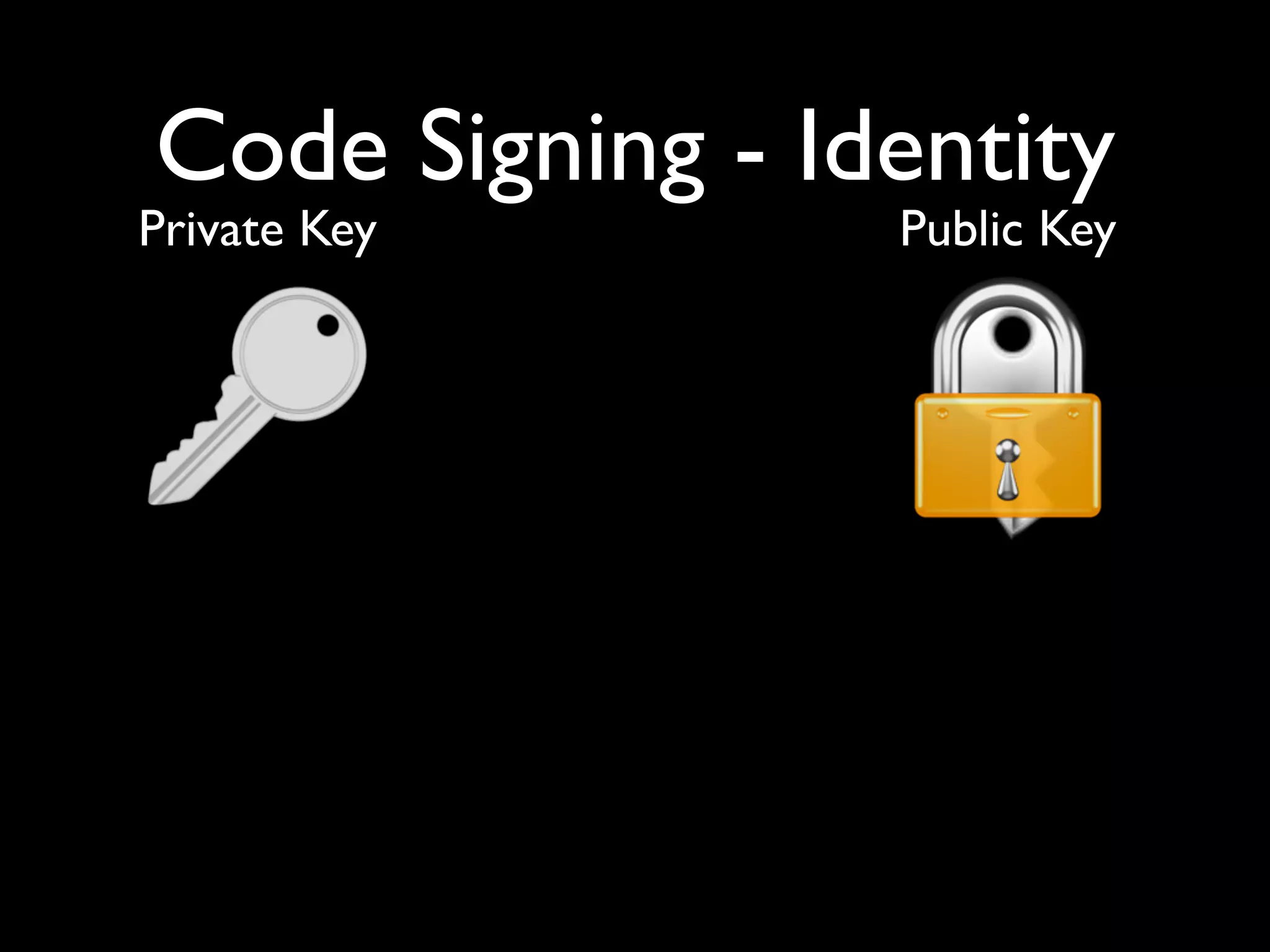 Code Signing - Identity
Private Key      Public Key
 