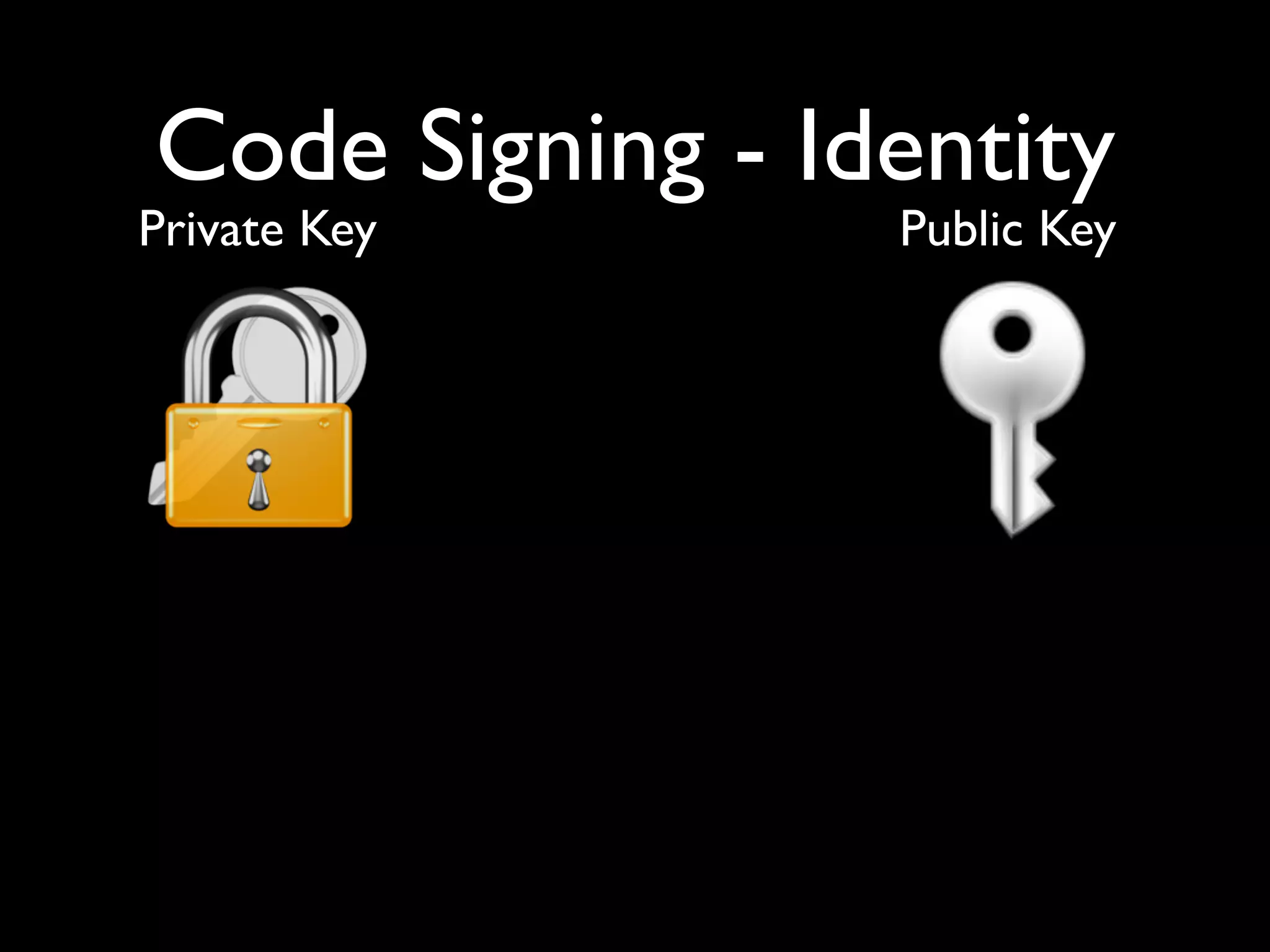 Code Signing - Identity
Private Key      Public Key
 