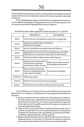 56
textos de referencia que pongan al alcance de los aprendices los modelos sociales de
argumentación escrita y les permitan constatar los recursos lingüísticos adecuados
en cada caso.
En los subapanados que siguen se hará refrencia a dos aspectos de una secuen-
cia de enseñanza/ aprendizaje de la argumentación escrita. El cuado siguiente resu-
me los puntos esenciales del desarrollo dicha secuencia didáctica:
Tabla 1
Desarrollo de la secuencia didáctica seguida por los alumnos de dos grupos de 7.yy 8.° de EGB
SECUENCIA A SECUENCIA B
Sesión 1 Texto inicial escrito individualmente a partir de una consigna dada.
Sesión 2
Explicación y discusión colectiva del proyecto.
Organización de los grupos.
Sesión 3 Lectura y comentario de textos argumentativos de referencia.
Sesión 4
Esquematización del contenido de textos argumentativos comentados.
Elaboración de una encuesta para recoger opiniones sobre el racismo.
Sesión 5 Visión de un video de un debate televisivo sobre el racismo.
Sesión 	 6
Explicación colectiva de las caracte-
rísticas del texto y del discurso
argumentativos. Análisis del texto.
Debate colectivo sobre temas polé-
micos elegidos por los alumnos.
Sesión 7
Ejercicios sobre estructuras argu-
mentativas, contraargumentativas
y sobre conectores textuales.
Continuación de los debates.
Sesión 8 y 9 Redacción por grupos.
Sesión 10 Revisión de los textos con intercambio entre grupos.
Sesión 11 Texto final escrito en las mismas condiciones que el texto inicial.
Las actividades que en el marco de esta secuencia didáctica se orientaron de
alguna forma a la enseñanza y al aprendizaje de la contraargumentación fueron las
siguientes:
a) Lectura y comentario de textos durante los cuales destacaron las dificulta-
des de los alumnos para comprender las estructuras contraargumentativas,
especialmente las concesivas y la resistencia que mostraron a aceptar que
incluir opiniones de los posibles oponentes en el propio texto pudiera ser
un recurso argumentativo eficaz.
b) Algunos de los textos leídos fueron analizados distinguiendo entre el
punto de vista del escritor y el de los posibles oponentes, lo cual permitió
sistematizar la idea de que el texto que defiende una opinión puede referir-
se también a opiniones distintas e incluso aceptarlas.
c) Algunos alumnos hicieron ejercicios específicos sobre dos estructuras con-
traargumentativas: la concesión y la refutación de opiniones contrarias,
estructuras que luego aparecen en los textos escritos con posterioridad.
 