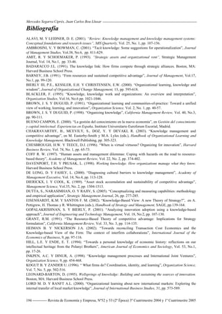 Mercedes Segarra Ciprés, Juan Carlos Bou Llusar
Revista de Economía y Empresa, Nº52 y 53 (2ª Época) 3º Cuatrimestre 2004 y 1º Cuatrimestre 2005
194
Bibliografía
ALAVI, M. Y LEIDNER, D. E. (2001). “Review: Knowledge management and knowledge management systems:
Conceptual foundations and research issues”, MIS Quarterly, Vol. 25, No. 1, pp. 107-136.
AMBROSINI, V. Y BOWMAN, C. (2001). “Tacit knowledge: Some suggestions for operationalization”, Journal
of Management Studies, Vol.38, No.6, pp. 811-829.
AMIT, R. Y SCHOEMAKER, P. (1993). “Strategic assets and organizational rent”, Strategic Management
Journal, Vol. 14, No.1, pp. 33-46.
BADARACCO J.L. (1991). The knowledge link: How firms compete through strategic alliances. Boston, MA:
Harvard Business School Press.
BARNEY, J.B. (1991). “Firm resources and sustained competitive advantage”, Journal of Management, Vol.17,
No.1, pp. 99-120.
BIERLY III, P.E., KESSLER, E.H. Y CHRISTENSEN, E.W. (2000). “Organizational learning, knowledge and
wisdom”, Journal of Organizational Change Management, 13, pp. 595-618.
BLACKLER, F. (1995). “Knowledge, knowledge work and organizations: An overview and interpretation”,
Organization Studies, Vol.16, No.6 pp. 1021-1046.
BROWN, J. S. Y DUGUID, P. (1991). “Organizational learning and communities-of-practice: Toward a unified
view of working, learning, and innovation”, Organization Science, Vol. 2, No. 1, pp. 40-57.
BROWN, J. S. Y DUGUID, P. (1998). “Organizing knowledge”, California Management Review, Vol. 40, No.3,
pp. 90-111.
BUENO CAMPOS, E. (2000). “La gestión del conocimiento en la nueva economía”, en Gestión del conocimiento
y capital intelectual. Experiencias en España, Instituto Universitario Euroforum Escorial, Madrid.
CHAKRAVARTHY, B., MCEVILY, S., DOZ, Y. Y DEVAKI, R. (2003). “Knowledge management and
competitive advantage”, en M. Easterby-Smith y M.A. Lyles (eds.), Handbook of Organizational Learning and
Knowledge Management, Blackwell Publishing, pp. 305-323.
CHESBROUGH, H.W. Y TEECE, D.J. (1996). “When is virtual virtuous? Organizing for innovation”, Harvard
Business Review, Vol. 74, No. 1, pp. 65-73.
COFF R. W. (1997). “Human assets and management dilemmas: Coping with hazards on the road to resource-
based theory”, Academy of Management Review, Vol. 22, No. 2, pp. 374-402.
DAVENPORT, T.H. Y PRUSAK, L. (1998). Working knowledge. How organizations manage what they know.
Harvard Business School Press.
DE LONG, D. Y FAHEY, L. (2000). “Diagnosing cultural barriers to knowledge management”, Academy of
Management Executive, Vol. 14, No.4, pp. 113-128.
DIERICKX, I. Y COOL, K. (1989). “Asset stock accumulation and sustainability of competitive advantage”,
Management Science, Vol.35, No. 2, pp. 1504-1513.
DUTTA, S., NARASIMHAN, O. Y RAJIV, S. (2005). “Conceptualizing and measuring capabilities: methodology
and empirical application”, Strategic Management Journal, 26, pp. 277-285.
EISENHARDT, K.M. Y SANTOS F. M. (2002). “Knowledge-Based View: A new Theory of Strategy?”, en A.
Pettigrew, H. Thomas y R. Whittington (eds.), Handbook of Strategy and Management, SAGE, pp.139-164.
GOPALAKRISHNAN, S. Y BIERLY, P. (2001). “Analyzing innovation adoption using a knowledge-based
approach”, Journal of Engineering and Technology Management, Vol. 18, No.2, pp. 107-130.
GRANT, R.M. (1991). “The Resource-Based Theory of competitive advantage: Implications for Strategy
formulation”, California Management Review, Vol. 33, No. 3, pp. 114-135.
HEIMAN B. Y NICKERSON J.A. (2002). “Towards reconciling Transaction Cost Economics and the
Knowledge-based View of the Firm: The context of interfirm collaborations”, International Journal of the
Economics of Business, 9, pp. 97-116.
HILL, L.E. Y ENDE, E. T. (1994). “Towards a personal knowledge of economic history: reflections on our
intellectual heritage from the Polanyi Brothers”, American Journal of Economics and Sociology, Vol. 53, No.1,
pp. 17-26.
INKPEN, A.C. Y DINUR, A. (1998). “Knowledge management processes and International Joint Ventures”,
Organization Science, 9, pp. 454-468.
KOGUT B. Y ZANDER U. (1996). “ What firms do? Coordination, identity, and learning”, Organization Science,
Vol. 7, No. 5, pp. 502-516.
LEONARD-BARTON, D. (1995). Wellsprings of knowledge: Building and sustaining the sources of innovation.
Boston, MA: Harvard Business School Press.
LORD M. D. Y RANFT A.L. (2000). “Organizational learning about new international markets: Exploring the
internal transfer of local market knowledge”, Journal of International Business Studies, 31, pp. 573-589.
 