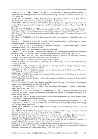 Concepto, tipos y dimensiones del concocimiento
Revista de Economía y Empresa, Nº52 y 53 (2ª Época) 3º Cuatrimestre 2004 y 1º Cuatrimestre 2005 195
MCEVILY, S.K Y CHAKRAVARTHY, B. (2002). “The persistence of knowledge-based advantage: An
empirical test for product performance and technological knowledge”, Strategic Management Journal, Vol. 23,
No. 4, pp.285-305.
MCGRATH, J.E. Y ARGOTE, L. (2002). “Group proceses in organizational contexts”, en M.A. Hogg y Tindale,
R.S. (Eds.), Blackwell handbook of social psychology, Oxford, UK: Blackwell.
MCMILLAN I., MCCAFFERY M. Y VAN WIJK G. (1985). “Competitors´ responses to easily imitated new
products: Exploring commercial banking product introductions”, Strategic Management Journal, Vol. 6, No. 1,
pp. 75-86.
NELSON, R. R. Y WINTER, S. G. (1982). An Evolutionary Theory of Economic Change. Cambridge: Belknap.
NONAKA, I. (1991). “The knowledge-creating company”, Harvard Business Review, Vol. 69,No.6, pp. 96-104.
NONAKA, I. (1994). “ A dynamic theory of organizational knowledge creation”, Organization Science, vol. 5,
No.1, pp. 14-37.
NONAKA, I. Y TAKEUCHI, H. (1995). La organización creadora de conocimiento, Oxford University Press,
New York.
NONAKA, I., TOYAMA, R. Y KONNO, N. (2000). ”SECI, Ba and leadership: A unified model of dynamic
knowledge creation”, Long Range Planning, 33, pp. 5-34
PETERAF, M.A. (1993). “The cornerstone of competitive advantage: A Resource-Based View”, Strategic
Management Journal, Vol. 14,No.3, pp. 179-191.
POLANYI, M. (1966). The Tacit Dimension, Anchor Day, New York.
RANFT A. Y LORD M.D. (2000). “Acquiring new knowledge: The role of retaining human capital in acquisitions
of high-tech firms”, The Journal of High Technology Management Research, Vol. 11, No. 2, pp. 295-319.
REED, R. Y DEFILLIPPI, R.J. (1990). “Causal ambiguity, barriers to imitation, and sustainable competitive
advantage”, Academy of Management Review, Vol. 15,No. 1, pp. 88-102.
ROGERS, E. (1983). The diffusion of Innovation. New York: Free Press.
SIMON H. (1962). “The architecture of complexity”, Proceedings of the American Philosophical Society,
Vol.106, pp. 467-482.
SIMONIN B.L. (1999). “Ambiguity and the process of knowledge transfer in strategic alliances”, Strategic
Management Journal, Vol. 20, No.7, pp. 595-623.
SPENDER, J.C. (1996). “Making knowledge the basis of a dynamic theory of the firm”, Strategic Management
Journal, Vol.17, winter special issue, pp. 45-62.
STENMARK, D. (2001). “Leveraging tacit organizational knowledge”, Journal of Management Information
Systems, Vol. 17, No. 3, pp. 9-24.
TEECE, D.J. (1998). “Research directions for knowledge management”, California Management Review, Vol. 40,
No. 3, pp. 289-292.
TEECE, D.J. (2000). “Strategies for managing knowledge assets: The role of firm structure and industrial
context”, Long Range Planning, Vol. 33, No.1, pp. 35-54.
TSOUKAS, H. Y VLADIMIROU, E. (2001). “What is organizational knowledge?”, Journal of Management
Studies, Vol. 38, No. 7, pp. 973-993.
VASSILIADIS, S., SEUFERT, A., BACK, A. Y VON KROGH, G. (2000). “Competing with intellectual capital:
Theoretical background”, Institute for Information Management and Institute of Management, University of St.
Gallen. Working paper, 43.
VENTURA VICTORIA, J. (1996). Análisis dinámico de la estrategia empresarial: Un ensayo interdisciplinar.
Universidad de Oviedo, Servicio de Publicaciones.
VENZIN, M., VON KROGH, G. Y ROOS, J. (1998). “Future research into knowledge management”, en G. von
Krogh, Roos, J. y Kleine D. (Eds.), Knowing in firms. Understanding, managing and measuring knowledge, pp.
26-66. London, SAGE Publications.
WALSH, J.P. Y UNGSON, G.R. (1991). “Organizational memory”, Academy of Management Review, Vol. 16,
No.1, pp. 57-91.
WILLIAMSON, O. E. (1991). “Comparative Economic Organization: The analysis of discrete structural
alternatives”, Administrative Science Quarterly, Vol. 36, No.2, pp. 269-296.
WINTER, S.G. (1987). “Knowledge and competence as strategic assets”, en D.J. Teece (Ed), The Competitive
Challenge: Strategies for Industrial Innovation and Renewal, pp.159-184. Cambridge, MA: Ballinger.
WINTER S. G. Y SZULANSKI G. (1999). “Knowledge transfer within the firm: A replication perspective on
internal stickiness”. Working paper, Wharton, University of Pennsylvania.
ZACK, M. H. (1999). “Managing codified knowledge”, Sloan Management Review, Vol. 40, No.4, pp.45-58.
ZANDER, U. Y KOGUT, B. (1995). “Knowledge and the speed of the transfer and imitation of organizational
capabilities: An empirical test”, Organization Science, Vol.6, No.1, pp. 76-92.
 