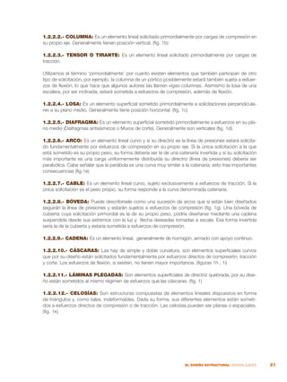 21
EL DISEÑO ESTRUCTURAL GENERALIDADES
1.2.2.2.- COLUMNA: Es un elemento lineal solicitado primordialmente por cargas de compresión en
su propio eje. Generalmente tienen posición vertical. (fig. 1b)
1.2.2.3.- TENSOR O TIRANTE: Es un elemento lineal solicitado primordialmente por cargas de
tracción.
Utilizamos el término ‘primordialmente’ por cuanto existen elementos que también participan de otro
tipo de solicitación, por ejemplo, la columna de un pórtico posiblemente estará también sujeta a esfuer-
zos de flexión, lo que hace que algunos autores las llamen vigas-columnas. Asimismo la losa de una
escalera, por ser inclinada, estará sometida a esfuerzos de compresión, además de flexión.
1.2.2.4.- LOSA: Es un elemento superficial sometido primordialmente a solicitaciones perpendicula-
res a su plano medio. Generalmente tiene posición horizontal. (fig. 1c)
1.2.2.5.- DIAFRAGMA: Es un elemento superficial sometido primordialmente a esfuerzos en su pla-
no medio (Diafragmas antisísmicos o Muros de corte). Generalmente son verticales (fig. 1d).
1.2.2.6.- ARCO: Es un elemento lineal curvo y si su directriz es la línea de presiones estará solicita-
do fundamentalmente por esfuerzos de compresión en su propio eje. Si la única solicitación a la que
está sometido es su propio peso, su forma debería ser la de una catenaria invertida y si su solicitación
más importante es una carga uniformemente distribuida su directriz (línea de presiones) debería ser
parabólica. Cabe señalar que la parábola es una curva muy similar a la catenaria; esto trae importantes
consecuencias (fig.1e)
1.2.2.7.- CABLE: Es un elemento lineal curvo, sujeto exclusivamente a esfuerzos de tracción. Si la
única solicitación es el peso propio, su forma responde a la curva denominada catenaria.
1.2.2.8.- BÓVEDA: Puede describírsele como una sucesión de arcos que si están bien diseñados
seguirán la línea de presiones y estarán sujetos a esfuerzos de compresión (fig. 1g). Una bóveda de
cubierta cuya solicitación primordial es la de su propio peso, podría diseñarse mediante una cadena
suspendida desde sus extremos con la luz y flecha deseadas tomadas a escala. Esa forma invertida
sería la de la cubierta y estaría sometida a esfuerzos de compresión.
1.2.2.9.- CADENA: Es un elemento lineal, generalmente de hormigón, armado con apoyo continuo.
1.2.2.10.- CÁSCARAS: Las hay de simple y doble curvatura, son elementos superficiales curvos
que por su diseño están solicitados fundamentalmente por esfuerzos directos de compresión, tracción
y corte. Los esfuerzos de flexión, si existen, no tienen mayor importancia. (figuras 1h ; 1i)
1.2.2.11.- LÁMINAS PLEGADAS: Son elementos superficiales de directriz quebrada, por su dise-
ño están sometidos al mismo régimen de esfuerzos que las cáscaras. (fig. 1)
1.2.2.12.- CELOSÍAS: Son estructuras compuestas de elementos lineales dispuestos en forma
de triángulos y, como tales, indeformables. Dada su forma, sus diferentes elementos están someti-
dos a esfuerzos directos de compresión o de tracción. Las celosías pueden ser planas o espaciales.
(fig. 1k)
 