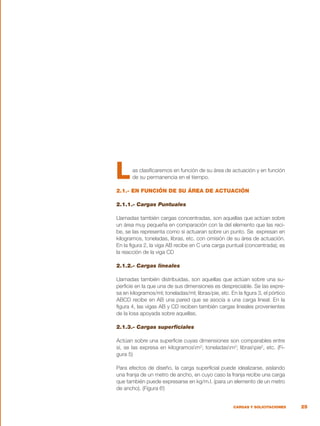 25
CARGAS Y SOLICITACIONES
as clasificaremos en función de su área de actuación y en función
de su permanencia en el tiempo.
2.1.- EN FUNCIÓN DE SU ÁREA DE ACTUACIÓN
2.1.1.- Cargas Puntuales
Llamadas también cargas concentradas, son aquellas que actúan sobre
un área muy pequeña en comparación con la del elemento que las reci-
be, se las representa como si actuaran sobre un punto. Se expresan en
kilogramos, toneladas, libras, etc. con omisión de su área de actuación.
En la figura 2, la viga AB recibe en C una carga puntual (concentrada); es
la reacción de la viga CD
2.1.2.- Cargas lineales
Llamadas también distribuidas, son aquellas que actúan sobre una su-
perficie en la que una de sus dimensiones es despreciable. Se las expre-
sa en kilogramos/ml; toneladas/ml; libras/pie, etc. En la figura 3, el pórtico
ABCD recibe en AB una pared que se asocia a una carga lineal. En la
figura 4, las vigas AB y CD reciben también cargas lineales provenientes
de la losa apoyada sobre aquellas.
2.1.3.- Cargas superficiales
Actúan sobre una superficie cuyas dimensiones son comparables entre
sí, se las expresa en kilogramosm2
; toneladasm2
; libraspie2
, etc. (Fi-
gura 5)
Para efectos de diseño, la carga superficial puede idealizarse, aislando
una franja de un metro de ancho, en cuyo caso la franja recibe una carga
que también puede expresarse en kg/m.l. (para un elemento de un metro
de ancho). (Figura 6I
)
L
 