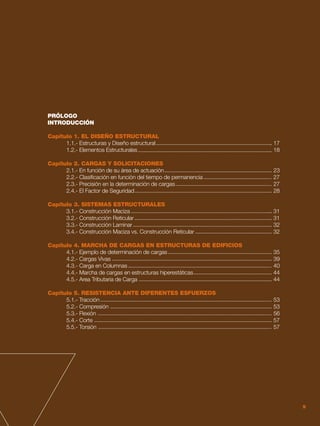 9
PRÓLOGO
INTRODUCCIÓN
Capítulo 1. EL DISEÑO ESTRUCTURAL
	 1.1.- Estructuras y Diseño estructural	 17
	 1.2.- Elementos Estructurales	 18
Capítulo 2. CARGAS Y SOLICITACIONES
	 2.1.- En función de su área de actuación	 23
	 2.2.- Clasificación en función del tiempo de permanencia	 27
	 2.3.- Precisión en la determinación de cargas	 27
	 2.4.- El Factor de Seguridad	 28
Capítulo 3. SISTEMAS ESTRUCTURALES
	 3.1.- Construcción Maciza	 31
	 3.2.- Construcción Reticular	 31
	 3.3.- Construcción Laminar	 32
	 3.4.- Construcción Maciza vs. Construcción Reticular	 32
Capítulo 4. MARCHA DE CARGAS EN ESTRUCTURAS DE EDIFICIOS
	 4.1.- Ejemplo de determinación de cargas	 35
	 4.2.- Cargas Vivas	 39
	 4.3.- Carga en Columnas	 40
	 4.4.- Marcha de cargas en estructuras hiperestáticas	 44
	 4.5.- Area Tributaria de Carga	 44
Capítulo 5. RESISTENCIA ANTE DIFERENTES ESFUERZOS
	 5.1.- Tracción	 53
	 5.2.- Compresión	 53
	 5.3.- Flexión	 56
	 5.4.- Corte	 57
	 5.5.- Torsión	 57
9
 