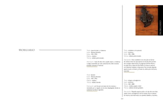 222 223
Título: mesa de altar y credencia.
Autor: Álvarez,Antonio.
Fecha: 1951-1975.
Materia: madera.
Técnica: tallado, policromado.
Descripción: mesa de altar de la capilla mayor y credencia
a juego, sostenidas por dos columnas de orden toscano
pintadas imitando al mármol.
Título: facistol.
Autor: Álvarez,Antonio.
Fecha: 1951-1975.
Materia: madera.
Técnica: tallado, dorado.
Descripción: atril de pie con base de tres volutas y
rematado por un águila con las alas desplegadas donde se
sostienen los libros sagrados.
Mobiliario Título: candelero cirio pascual.
Autor: anónimo.
Fecha: 1851-1900.
Técnica: tallado, policromado.
Descripción: Gran candelero con tres pies en forma
de volutas entre los que aparece el escudo del Carmen
de la antigua observancia, el anagrama del Ave María y
la triple tiara y llaves de San Pedro. Su fuste se decora
con distintos nudetes y hojarascas. Fue cortado dejando
aparte el pie y el fuste: y el fuste se utiliza pero de forma
invertida.
Título: antiguo comulgatorio.
Autor: anónimo.
Fecha: 1601-1800.
Materia: madera, papel, cristal.
Técnica: tallado, dorado, grabado.
Descripción: Pequeña espacio junto a la reja del coro bajo
usado como comulgatorio de las monjas, hoy en desuso.
Su interior está decorado con paneles tallados y dorados,
Mobiliario
 
