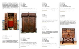 224 225
de estilo barroco, con grabados insertos en marcos.
La iconografía de los grabados (San Luis Gonzaga, San
Estanislao de Koska y San Juan Nepomuceno, confesor y
santo adoptado por los jesuitas) y el escudo del panel
superior, de la Compañía de Jesús, hacen pensar que este
conjunto fue compuesto por piezas procedentes de una
antigua iglesia jesuítica, seguramente de un confesonario.
Título: sillería.
Autor: Rueda Aguilar, José María.
Fecha: 1975-2000.
Materia: madera.
Técnica: tallado, pintado.
Descripción: conjunto de veintidós sillas del coro bajo
tallados en su respaldo con hojarascas entre las que
aparece el escudo del Carmen de la antigua observancia.
Título: cancel.
Autor: anónimo.
Fecha: 1701-1800.
Materia: madera.
Técnica: tallado, pintado.
Descripción: cancel de la puerta principal con dos
puertas centrales grandes y dos pequeñas dentro de ellas,
decorado con casetones de formas geométricas.
Título: facistol.
Autor: Rueda Aguilar, José María.
Fecha: 1975-2000.
Técnica: tallado, pintado.
Descripción: Atril de madera con la parte frontal tallado
con columnas pareadas en sus extremos y la parte trasera
con repisa para poner libros. Está realizado a juego con
la sillería y se repiten el escudo del Carmen de la antigua
observancia y llaves de San Pedro.
Título: cruz.
Autor: anónimo.
Fecha: 1951-2000.
Materia: madera.
Técnica: tallado, barnizado.
Descripción: cruz plana y lisa, decorada en su perímetro
y en los extremos, con rayos en la intercesión de los
maderos y escudo central con el anagrama JHS.
Título: altar.
Autor: anónimo.
Fecha: 1896-1906.
Materia: madera.
Técnica: tallado, dorado.
Descripción: banco de altar, con tres caras y forma cónica
invertida de estilo neogótico, situado junto a la escalera
principal, al lado del la puerta del refectorio.
Título: sillería.
Autor: anónimo.
Fecha: 1801-1900.
Materia: madera.
Técnica: tallado, pintado.
Descripción: antigua sillería del coro bajo dividida en dos
tramos de tres asientos, uno de dos y uno de cuatro, no
tiene ornamentación alguna.
Título: hornacina de Jesús de los Afligidos.
Autor: anónimo.
Fecha: 1801-1900.
Materia: madera, cristal.
Técnica: tallado, pintado.
Descripción: Hornacina cuadrada situada en la sala de
labores, con puerta en la parte posterior y tres caras
con cristales. Se decora con pilastras en sus esquinas y se
remata por una barandilla.
Título: hornacina.
Autor: anónimo.
Fecha: 1701-1800.
Materia: madera, cristal.
Técnica: tallado, policromado, dorado.
Descripción: pequeña capilla con puerta en la parte
trasera y tres de sus caras abiertas donde le faltan
cristales, con columnas salomónicas caladas en sus
extremos y decoración de espejitos.
Título: bargueño.
Autor: anónimo.
Fecha: 1701-1800.
Materia: madera.
Técnica: tallado, barnizado, taracea.
Descripción: Mueble con el frente abierto formado por
cajoncitos de diferentes tamaños, adornados con labor
de taracea de motivos geométricos.Al centro de la parte
inferior se abre un pequeño arco de medio punto y en su
interior aparece una sencilla cruz.
 