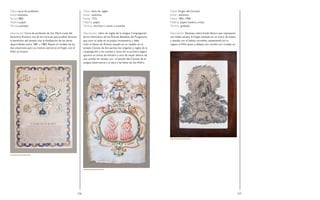236 237
Título: carta de profesión.
Autor: anónimo.
Fecha: 1883.
Materia: papel.
Técnica: pintado.
Descripción: Carta de profesión de Sor María Luisa del
Santísimo Rosario, una de las novicias que profesó durante
la bendición del templo tras la finalización de las obras
desarrolladas entre 1881 y 1883. Repite el modelo de las
dos anteriores pero su motivo central es laVirgen con el
Niño en brazos.
Título: libro de reglas.
Autor: anónimo.
Fecha: 1721.
Materia: papel.
Técnica: escritura a mano y acuarela.
Descripción: Libro de reglas de la antigua Congregación
de los Hermanos de las Ánimas Benditas del Purgatorio,
que tuvo su sede en el propio monasterio y daba
culto al lienzo de Ánimas situado en su retablo en el
templo. Consta de dos partes, los orígenes y reglas de la
congregación y las cuentas y actas. En su primera página
aparece un ánima de hombre y otra de mujer dentro de
una cartela. Se remata con el escudo del Carmen de la
antigua observancia y la tiara y las llaves de San Pedro.
Título: Virgen del Carmen.
Autor: anónimo.
Fecha: 1801-1900.
Materia: papel, madera, cristal.
Técnica: grabado.
Descripción: Estampa sobre fondo blanco que representa
una doble escena, laVirgen sentada en un trono de nubes
y vestida con el hábito carmelita, sosteniendo en su
regazo al Niño Jesús y, debajo, una cartela con rocallas en
 