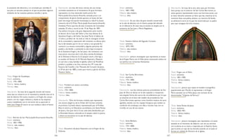 246 247
la serpiente del demonio y va coronada por estrellas.A
sus pies, un escueto paisaje en el que se perciben algunos
símbolos de las Letanías: palmera, estrella y ciprés.
Título: Virgen de Guadalupe.
Autor: anónimo.
Fecha: 1701-1800.
Materia: lienzo, madera.
Técnica: óleo.
Descripción: Se trata de la segunda versión del mismo
tema que se conserva en el monasterio, estando ésta en la
sala de labores. De nuevo, muestra a laVirgen de cuerpo
entero con los rasgos indianos y añade en las esquinas
cuatro medallones con la narración de su aparición al
indio Juan Diego. El marco es una moldura sobre el lienzo.
Título: Retrato de Sor María Josefa Encarnación Amarillo.
Autor: anónimo.
Fecha: 1851-1900.
Materia: tela, madera.
Técnica: óleo.
Descripción: se trata del único retrato de una monja
carmelita existente en el monasterio. En gran formato,
representa a la muy venerada madre priora Sor
María Josefa Encarnación Amarillo, sentada junto a un
rompimiento de gloria donde aparece un busto de San
José. Una larga inscripción homenajea su vida:A la buena
memoria de la R. M.Sor María Josefa Encarnación Amarillo
Giménez, Priora que fue de este Convento de Carmelias/
calzadas 33 años y murió el día 19 de Mayo de 1891.
Fue señora virtuosa y de gran disposición; amó mucho
el decoro de la Casa del/ Señor y fue muy devota de la
SantísimaVirgen y del Señor San José.Tomó el hábito de
15 años y profesó de 16; toda su vida la consagró/ al bien
de la comunidad y reparación del convento. La última obra
fue la del templo, que lo vio en ruinas y con grande fe,/
convocó a su escasa comunidad y algunas personas del
pueblo y de Sevilla ; y poniendo la obra bajo el amparo
de la SantísimaVirgen y de San José,/ dio comienzo con
muy pocos recursos; duró tres años, siendo,Arzobispo
de la Diócesis el Excmo Sr. D. Joaquín Lluch y Garriga y
su auxiliar el/ Excmo. Sr. D. Marcelo Espínola y Maestre,
el cual vino a ésta, bendijo la Igledia, celeró de Pontifical,
predicó y profesó a las Sras novicias Sor Mª/ Luisa del
Rosario del Castillo y Sor Manuela del Corazón de Jesús,
el 29 de abril de 1883, y todo para honra y gloria/ de Dios
Nuestro Señor.
Título: Trinidad con santos carmelitas.
Autor: anónimo.
Fecha: 1701-1800.
Materia: lienzo, madera.
Técnica: óleo.
Descripción: Obra de formato ovalado que representa
una escena alegórica de la Orden del Carmen uniendo
el primitivo Carmelo eliano, representado por el Profeta
Elías al centro, y la Descalcez carmelitana, con SantaTeresa
de Jesús y San Juan de la Cruza cada lado, bendecidos por
la Divinidad. Estuvo colocada en el templo sobre la puerta
y ahora se encuentra en la sala de labores.
Título: Encuentro de Jesús Nazareno con laVirgen de los
Dolores.
Autor: anónimo.
Fecha: 1801-1900.
Materia: tela, madera.
Técnica: óleo.
Descripción: Es una obra de gran tamaño conservada
en la sala de labores, con el mismo pasaje del ubicado
en el refectorio. En este caso, la escena se amplía con la
presencia de San Juan y María Magdalena.
Título: Nuestra Señora del Sagrado Corazón.
Autor: anónimo.
Fecha: 1875-1901.
Materia: tela, madera.
Técnica: óleo.
Descripción: pintura rectangular que representa un busto
de laVirgen María con el Niño Jesús, mostrando ambos en
sus pechos sus corazones llameantes.
Título: San Carlos Borromeo.
Autor: anónimo.
Fecha: 1751-1800.
Materia: lienzo, madera.
Técnica: óleo.
Descripción: Las dos últimas pinturas procedentes de San
Juan de Dios se ubican en la sala capitular y comparten
una singular forma de cuarto de circunferencia, por lo que
se situarían en el ático del retablo de procedencia. San
Carlos Borromeo aparece como hombre maduro de nariz
aguileña, vestido con los ropajes litúrgicos que revelan su
condición de arzobispo, con alba y muceta roja, con un
crucifijo en una de sus manos.
Título: Santa Bárbara.
Autor: anónimo.
Fecha: 1751-1800.
Materia: lienzo, madera.
Técnica: óleo.
Descripción: Se trata de la otra obra que, por formato,
hace pareja con el anterior de San Carlos Borromeo. La
santa aparece representada como una hermosa joven, con
la mano derecha sostiene un libro que lee, mientras en la
contraria lleva una palma, alusiva a su martirio.Al fondo,
se advierte la torre en la que fue encerrada por su padre
para que renegase de la fe cristiana.
Título: Virgen con el Niño.
Autor: anónimo.
Fecha: 1801-1900.
Materia: lienzo, madera.
Técnica: óleo.
Descripción: pintura que repite el modelo iconográfico
popularizado por Murillo al representar a laVirgen
María sentada con el Niño Jesús, una variante de las
denominadas “Vírgenes de Ternura”.
Título: Santa Teresa de Jesús.
Autor: anónimo.
Fecha: 1850-1901.
Materia: lienzo, madera.
Técnica: óleo.
Descripción: pintura rectangular que representa a la santa
sentada en el momento de elaborar uno de sus escritos
con la pluma en su mano e inspirada por el Espíritu Santo
que le envía un rayo de luz dorado, estando en el suelo el
birrete en calidad de Doctora de la Iglesia.
 