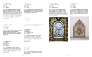 258 259
Título: cruz procesional.
Autor: anónimo toledano.
Fecha: 1571.
Materia: plata.
Técnica: repujada.
Descripción: Cruz alzada plana decorada con cadelieri
donde se mezclan calaveras con fémures, cabezas de
ángeles aladas y atributos de la Pasión: las cinco llagas,
escaleras, lanza, caña, martillo, tenaza, columna y flagelo. Al
anverso aparece Cristo muerto y en el reverso busto de
Dios Padre con mitra en actitud de bendecir. Tiene una
tarja con la fecha de ejecución y las marcasT o(minúscula),
de Toledo. Fue donada en 1580 por la fundadora del
monasterio Doña Isabel Méndez de Sotomayor.
Título: pareja de bernegales.
Autor: anónimo.
Fecha: 1701-1800.
Materia: plata.
Técnica: labrada.
Descripción: Pareja de piezas muy comunes en el servicio
de mesa en la época de los Austrias menores,
Utilizadas como tazas para beber. Consta de boca ancha
con forma gallonada y a ambas se les ha añadido un asa
posteriormente.
Título: juego de vinajeras.
Autor: anónimo.
Fecha: 1875-1900.
Materia: plata.
Técnica: repujada.
Descripción: Juego dorado compuesto por salvilla,
pareja de jarros y campanilla rematada por la figura de
un angelito. Se decora con ornamentación neobarroca y
aparecen los atributos de la Pasión: bolsa con monedas,
dados, lanza y caña con esponja y columna.
Título: salvilla.
Autor: De Aguilar, José.
Fecha: 1806.
Materia: plata.
Técnica: labrada
Descripción: Bandeja ovalada lisa sobre cuatro pequeños
patas, decorada en su perímetro por un rosario de perlas.
Tiene fiel de contraste de Diego deVega y Torres, la cifra
6 y el contraste de la ciudad de Córdoba.
Título: carrillón.
Autor: anónimo.
Fecha: 1901-1950.
Materia: metal.
Técnica: labrado.
Descripción: tintinábulo con cuatro campanas y asa en su
parte superior con una cabeza de ángel alada.
Título: juego de sacras.
Autor: anónimo.
Fecha: 1896-1900.
Materia: metal, papel, cristal.
Técnica: labrado.
Descripción: Marcos con textos para el altar donde
se leen la oración para el lavado de las manos, la
consagración, el comienzo del Evangelio de San Juan y
otras oraciones. En los ángulos de los marcos aparecen
los bustos de los evangelistas, el anagrama JHS y el
Cordero Eucarístico.
Título: atril
Autor: anónimo.
Fecha: 1901-1950.
Materia: bronce.
Técnica: labrado.
Descripción: soporte de sobre mesa con ornamentación
neobarroca, cabezas de ángeles aladas y el anagrama del
Ave María al centro.
Título: puerta del sagrario.
Autor: Roncero Díaz, Francisco.
Fecha: 1955.
Materia: plata.
Técnica: repujado, cincelado.
Descripción: Puerta en forma de medio punto del
sagrario del retablo mayor. Se representa el pasaje del
Libro de los Reyes 19, 1-8: el profeta Elías se queda
dormido en el desierto simbolizando que su fe se ha
derrumbado, pero un ángel se le aparece ofreciéndole una
galleta cocida y un jarro de agua para recuperar fuerzas,
que remite a la Eucaristía.
Título: velo del sagrario.
Autor: anónimo.
Fecha: 1851-1900.
Materia: metal.
Técnica: repujado.
Descripción: Pieza rectangular con la parte superior de
forma ondulada, con crestería de hojarascas estilizadas.
Una franja rodea el perímetro de la pieza decorada con
pámpanos de uvas y espigas de trigo, siendo el motivo
central un pelícano abriéndose el pecho para alimentar a
sus crías.
 