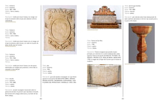 282 283
Título: hostiario.
Autor: anónimo.
Fecha: 1801-1900.
Materia: hierro, madera.
Técnica:
Descripción: molde para hacer hostias, con mango con
el que se presiona sobre el pan para obtener la forma
redondeada.
Título: hostiario.
Autor: anónimo.
Fecha: 1951-1960.
Materia: acero, madera.
Técnica:
Descripción: molde para hacer hostias con un mango con
el que se presiona sobre el pan y un cajón en la parte de
abajo donde caen las hostias.
Título: hostiario.
Autor: anónimo.
Fecha: 1951-1960.
Materia: hierro, madera.
Técnica:
Descripción: molde para hacer hostias con dos placas
enfrentadas con mangos para presionar y entre ellas se
colocaba la masa del pan.
Título: escudo.
Autor: anónimo.
Fecha: 1701-1800.
Materia: piedra.
Técnica: tallado.
Descripción: escudo rectangular encastrado sobre la
puerta de entrada a la portería que reproduce el escudo
del Carmen de la antigua observancia y las llaves de San
Pedro debajo.
Título: pila.
Autor: anónimo.
Fecha: 1904.
Materia: piedra.
Técnica: tallado.
Descripción: gran pila lavadero rectangular en cuyo frente
aparece la inscripción SE HIZO ESTA OBRA / SIENDO
PRIORA DE ESTA / REVERENDA COMUNIDAD / SOR
M JOSEFA DEL PATROCINIO / AMARILLO / AÑO 1904.
Título: fuente de San Elías.
Autor: anónimo.
Fecha: 1790.
Materia: piedra.
Técnica: tallado.
Descripción: Fuente octogonal que preside el patio
principal, con columna en su centro abalaustrada y plato
superior.Tiene la inscripción SE HISO ES / TA FVEN / TE
SIENDO / PRIORA D TE / RESA DE BENA / BIDES AÑO
1790. La imagen de laVirgen del Carmen que la remata es
moderna.
	
Título: pila de agua bendita.
Autor: anónimo.
Fecha: 1701-1800.
Materia: mármol.
Técnica: tallado.
Descripción: pila redonda sobre fuste abalaustrado de
base cuadrada, ejecutada en mármol rojo situada junto a
la puerta del templo.
 