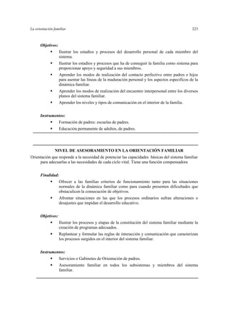 La orientación familiar 223
Objetivos:
Ilustrar los estadíos y procesos del desarrollo personal de cada miembro del
sistema.
Ilustrar los estadíos y procesos que ha de conseguir la familia como sistema para
proporcionar apoyo y seguridad a sus miembros.
Aprender los modos de realización del contacto perfectivo entre padres e hijos
para asentar las líneas de la maduración personal y los aspectos específicos de la
dinámica familiar.
Aprender los modos de realización del encuentro interpersonal entre los diversos
planos del sistema familiar.
Aprender los niveles y tipos de comunicación en el interior de la familia.
Instrumentos:
Formación de padres: escuelas de padres.
Educación permanente de adultos, de padres.
NIVEL DE ASESORAMIENTO EN LA ORIENTACIÓN FAMILIAR
Orientación que responde a la necesidad de potenciar las capacidades básicas del sistema familiar
para adecuarlas a las necesidades de cada ciclo vital. Tiene una función compensadora
Finalidad:
Ofrecer a las familias criterios de funcionamiento tanto para las situaciones
normales de la dinámica familiar como para cuando presenten dificultades que
obstaculicen la consecución de objetivos.
Afrontar situaciones en las que los procesos ordinarios sufran alteraciones o
desajustes que impidan el desarrollo educativo.
Objetivos:
Ilustrar los procesos y etapas de la constitución del sistema familiar mediante la
creación de programas adecuados.
Replantear y formular las reglas de interacción y comunicación que caracterizan
los procesos surgidos en el interior del sistema familiar.
Instrumentos:
Servicios o Gabinetes de Orientación de padres.
Asesoramiento familiar en todos los subsistemas y miembros del sistema
familiar.
 