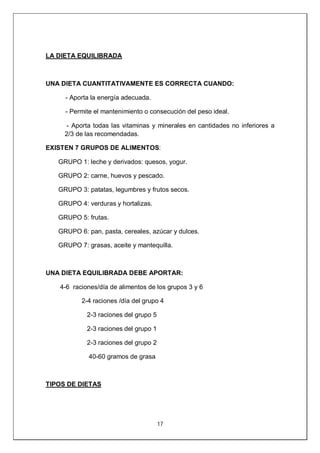 17
LA DIETA EQUILIBRADA
UNA DIETA CUANTITATIVAMENTE ES CORRECTA CUANDO:
- Aporta la energía adecuada.
- Permite el mantenimiento o consecución del peso ideal.
- Aporta todas las vitaminas y minerales en cantidades no inferiores a
2/3 de las recomendadas.
EXISTEN 7 GRUPOS DE ALIMENTOS:
GRUPO 1: leche y derivados: quesos, yogur.
GRUPO 2: carne, huevos y pescado.
GRUPO 3: patatas, legumbres y frutos secos.
GRUPO 4: verduras y hortalizas.
GRUPO 5: frutas.
GRUPO 6: pan, pasta, cereales, azúcar y dulces.
GRUPO 7: grasas, aceite y mantequilla.
UNA DIETA EQUILIBRADA DEBE APORTAR:
4-6 raciones/día de alimentos de los grupos 3 y 6
2-4 raciones /día del grupo 4
2-3 raciones del grupo 5
2-3 raciones del grupo 1
2-3 raciones del grupo 2
40-60 gramos de grasa
TIPOS DE DIETAS
 