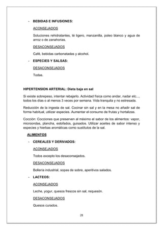 28
- BEBIDAS E INFUSIONES:
ACONSEJADOS
Soluciones rehidratantes, té ligero, manzanilla, poleo blanco y agua de
arroz o de zanahorias.
DESACONSEJADOS
Café, bebidas carbonatadas y alcohol.
- ESPECIES Y SALSAS:
DESACONSEJADOS
Todas.
HIPERTENSION ARTERIAL: Dieta baja en sal
Si existe sobrepeso, intentar rebajarlo. Actividad física como andar, nadar etc...,
todos los días o al menos 3 veces por semana. Vida tranquila y no estresada.
Reducción de la ingesta de sal. Cocinar sin sal y en la mesa no añadir sal de
forma habitual, utilizar especies. Aumentar el consumo de frutas y hortalizas.
Cocción: Cocciones que preserven al máximo el sabor de los alimentos: vapor,
microondas, plancha, estofados, guisados. Utilizar aceites de sabor intenso y
especies y hierbas aromáticas como sustitutos de la sal.
ALIMENTOS
- CEREALES Y DERIVADOS:
ACONSEJADOS
Todos excepto los desaconsejados.
DESACONSEJADOS
Bollería industrial, sopas de sobre, aperitivos salados.
- LACTEOS:
ACONSEJADOS
Leche, yogur, quesos frescos sin sal, requesón.
DESACONSEJADOS
Quesos curados.
 