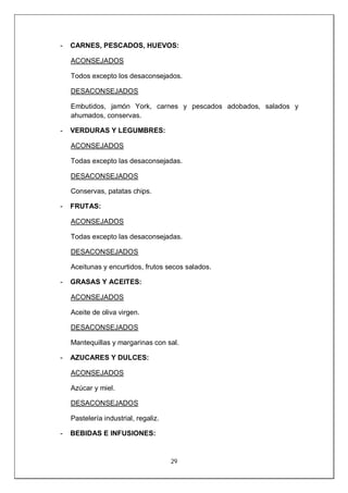 29
- CARNES, PESCADOS, HUEVOS:
ACONSEJADOS
Todos excepto los desaconsejados.
DESACONSEJADOS
Embutidos, jamón York, carnes y pescados adobados, salados y
ahumados, conservas.
- VERDURAS Y LEGUMBRES:
ACONSEJADOS
Todas excepto las desaconsejadas.
DESACONSEJADOS
Conservas, patatas chips.
- FRUTAS:
ACONSEJADOS
Todas excepto las desaconsejadas.
DESACONSEJADOS
Aceitunas y encurtidos, frutos secos salados.
- GRASAS Y ACEITES:
ACONSEJADOS
Aceite de oliva virgen.
DESACONSEJADOS
Mantequillas y margarinas con sal.
- AZUCARES Y DULCES:
ACONSEJADOS
Azúcar y miel.
DESACONSEJADOS
Pastelería industrial, regaliz.
- BEBIDAS E INFUSIONES:
 