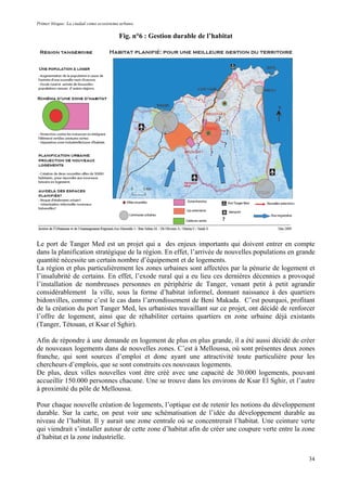 Primer bloque: La ciudad como ecosistema urbano.
Fig. n°6 : Gestion durable de l’habitat
Le port de Tanger Med est un projet qui a des enjeux importants qui doivent entrer en compte
dans la planification stratégique de la région. En effet, l’arrivée de nouvelles populations en grande
quantité nécessite un certain nombre d’équipement et de logements.
La région et plus particulièrement les zones urbaines sont affectées par la pénurie de logement et
l’insalubrité de certains. En effet, l’exode rural qui a eu lieu ces dernières décennies a provoqué
l’installation de nombreuses personnes en périphérie de Tanger, venant petit à petit agrandir
considérablement la ville, sous la forme d’habitat informel, donnant naissance à des quartiers
bidonvilles, comme c’est le cas dans l’arrondissement de Beni Makada. C’est pourquoi, profitant
de la création du port Tanger Med, les urbanistes travaillant sur ce projet, ont décidé de renforcer
l’offre de logement, ainsi que de réhabiliter certains quartiers en zone urbaine déjà existants
(Tanger, Tétouan, et Ksar el Sghir).
Afin de répondre à une demande en logement de plus en plus grande, il a été aussi décidé de créer
de nouveaux logements dans de nouvelles zones. C’est à Melloussa, où sont présentes deux zones
franche, qui sont sources d’emploi et donc ayant une attractivité toute particulière pour les
chercheurs d’emplois, que se sont construits ces nouveaux logements.
De plus, deux villes nouvelles vont être créé avec une capacité de 30.000 logements, pouvant
accueillir 150.000 personnes chacune. Une se trouve dans les environs de Ksar El Sghir, et l’autre
à proximité du pôle de Melloussa.
Pour chaque nouvelle création de logements, l’optique est de retenir les notions du développement
durable. Sur la carte, on peut voir une schématisation de l’idée du développement durable au
niveau de l’habitat. Il y aurait une zone centrale où se concentrerait l’habitat. Une ceinture verte
qui viendrait s’installer autour de cette zone d’habitat afin de créer une coupure verte entre la zone
d’habitat et la zone industrielle.
34
 