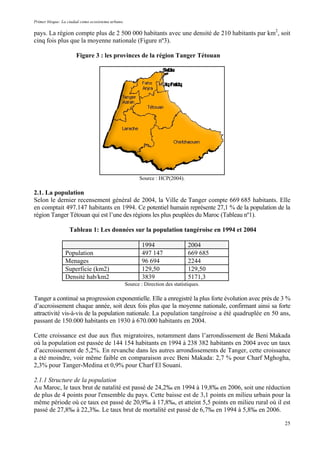 Primer bloque: La ciudad como ecosistema urbano.
pays. La région compte plus de 2 500 000 habitants avec une densité de 210 habitants par km2
, soit
cinq fois plus que la moyenne nationale (Figure nº3).
Figure 3 : les provinces de la région Tanger Tétouan
Source : HCP(2004).
2.1. La population
Selon le dernier recensement général de 2004, la Ville de Tanger compte 669 685 habitants. Elle
en comptait 497.147 habitants en 1994. Ce potentiel humain représente 27,1 % de la population de la
région Tanger Tétouan qui est l’une des régions les plus peuplées du Maroc (Tableau nº1).
Tableau 1: Les données sur la population tangéroise en 1994 et 2004
1994 2004
Population 497 147 669 685
Menages 96 694 2244
Superficie (km2) 129,50 129,50
Densité hab/km2 3839 5171,3
Source : Direction des statistiques.
Tanger a continué sa progression exponentielle. Elle a enregistré la plus forte évolution avec près de 3 %
d’accroissement chaque année, soit deux fois plus que la moyenne nationale, confirmant ainsi sa forte
attractivité vis-à-vis de la population nationale. La population tangéroise a été quadruplée en 50 ans,
passant de 150.000 habitants en 1930 à 670.000 habitants en 2004.
Cette croissance est due aux flux migratoires, notamment dans l’arrondissement de Beni Makada
où la population est passée de 144 154 habitants en 1994 à 238 382 habitants en 2004 avec un taux
d’accroissement de 5,2%. En revanche dans les autres arrondissements de Tanger, cette croissance
a été moindre, voir même faible en comparaison avec Beni Makada: 2,7 % pour Charf Mghogha,
2,3% pour Tanger-Medina et 0,9% pour Charf El Souani.
2.1.1 Structure de la population
Au Maroc, le taux brut de natalité est passé de 24,2‰ en 1994 à 19,8‰ en 2006, soit une réduction
de plus de 4 points pour l'ensemble du pays. Cette baisse est de 3,1 points en milieu urbain pour la
même période où ce taux est passé de 20,9‰ à 17,8‰, et atteint 5,5 points en milieu rural où il est
passé de 27,8‰ à 22,3‰. Le taux brut de mortalité est passé de 6,7‰ en 1994 à 5,8‰ en 2006.
25
 