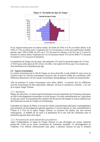 Primer bloque: La ciudad como ecosistema urbano.
Figure 4 : Pyramide des âges de Tanger
Pyramide des âges de Tanger
<5
5-9
10-14
15-19
20-24
25-34
35-44
45-54
55-64
65-74
75-84
85 et +
hommes femmes
Il est, respectivement pour les mêmes années, de l'ordre de 4,9‰ et 4,7‰ en milieu urbain, et de
8,6‰ et 7,3‰ en milieu rural. L’espérance de vie à la naissance a connu une amélioration notable,
passant, entre 1994 et 2006, de 69,5 ans à 73,5 ans pour les femmes, et de 66,3 ans à 71 pour les
hommes En milieu urbain, l'espérance de vie à la naissance atteint 75,5 ans en 2006 (77,5 ans pour
les femmes et 73,5 ans pour les hommes).
La population de Tanger est très jeune, elle représente 12% pour les personnes âgées de 5 à 9 ans
et 10,4% pour celles âgées de 20 à 24 ans. En effet, c’est à partir de 40 ans que l’on constate une
nette diminution de la population par âge.
2.2. Aspects économiques
Le secteur économique de la ville de Tanger est assez diversifié, à cette échelle là, nous avons pu
ressortir toutes les activités économiques (sources) afin de pouvoir établir des corrélations entre
différentes dimensions à la fois sociale, économique, démographique ou même environnementale.
Afin de présenter le secteur économique, nous allons définir en premier lieu les différentes
activités économiques de base (agriculture, industrie, services et commerces, tourisme…) au sein
de la région Tanger Tétouan.
2.2.1. Agriculture
Depuis des décennies, le secteur agricole présentait une part importante de l’économie marocaine,
en effet le développement économique et social du pays s’est basé essentiellement sur l’agriculture
en tant que source d’accumulation des capitaux afin de pouvoir développer le secteur industriel qui
doit fournir par la suite de l’emploi et la technologie.
Cependant, les régions du Maroc n’ont pas les mêmes caractéristiques physiques et géographiques
pour permettre un développement agricole important. L’activité agricole se situe essentiellement à
l’Ouest et à l’Est de la région Tanger Tétouan. La présence des plaines qui sont souvent
marécageuses et imbibés de sel suite à la pénétration de la mer sont des contraintes pour la
production agricole dans cette région.
2.2.2. Présentation des unités industrielles par préfecture
Après l’indépendance, la région de Tanger Tétouan n’a pas développé son secteur industriel
puisqu’elle n’était qu’un centre commercial de renommée mondiale. Le développement de
l’industrie s’est effectué ultérieurement mais grâce à plusieurs facteurs tel que la situation
26
 