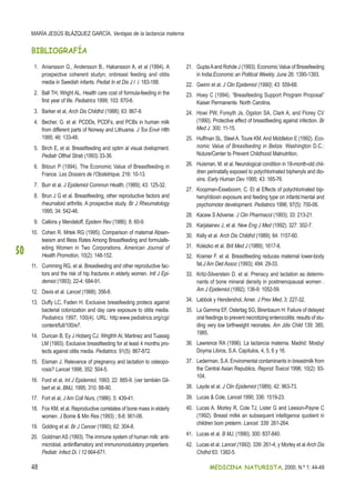 MARÍA JESÚS BLÁZQUEZ GARCÍA, Ventajas de la lactancia materna
48 MEDICINA NATURISTA, 2000; N.º 1: 44-49
50
1. Aniansson G., Andersson B., Hakansson A. et al (1994). A
prospective coherent studyn, onbreast feeding and otitis
media in Swedish infants. Pediat In et Dis J l i: 183-188.
2. Ball TH, Wright AL. Health care cost of formula-feeding in the
first year of life. Pediatrics 1999; 103: 870-6.
3. Barker et al, Arch Dis Childhd (1988); 63: 867-9.
4. Becher, G. et al. PCDDs, PCDFs, and PCBs in human milk
from different parts of Norway and Lithuania. J Tox Envir Hlth
1995; 46: 133-48.
5. Birch E, et al. Breastfeeding and optim al visual dvelopment.
Pediatr Ofthal Strab (1993) 33-36.
6. Bitoun P (1994). The Economic Value of Breastfeeding in
France. Les Dossers de l’Obstetrique, 216: 10-13.
7. Burr et al. J Epidemiol Commun Health, (1989); 43: 125-32.
8. Brun J G et al. Breastfeeding, other reproductive factors and
rheumatoid arthritis. A prospective study. Br J Rheumatology
1995; 34: 542-46.
9. Calkins y Mendeloff, Epidem Rev (1986); 8: 60-9.
10. Cohen R. Mrtek RG (1995). Comparison of maternal Absen-
teeism and Illess Rates Among Breastfeeding and formulafe-
eding Women in Two Corporations. American Journal of
Health Promotion, 10(2): 148-152.
11. Cumming RG, et al. Breasfeeding and other reproductive fac-
tors and the risk of hip fractures in elderly women. Intl J Epi-
demiol (1993); 22-4: 684-91.
12. Davis et al. Lancet (1988); 356-8.
13. Duffy LC, Faden H. Exclusive breasfeeding protecs against
bacterial colonization and day care exposure to otitis media.
Pediatrics 1997; 100(4). URL: http:www.pediatrics.org/cgi/
content/full/100/e7.
14. Duncan B, Ey J Hoberg CJ. Wrigthh Al, Martinez and Tuassig
LM (1993). Exclusive breastfeeding for at least 4 months pro-
tects against otitis media. Pediatrics. 91(5): 867-872.
15. Eisman J. Relevance of pregnancy and lactation to osteopo-
rosis? Lancet 1998; 352: 504-5.
16. Ford et al, Int J Epidemiol, 1993; 22: 885-9. (ver también Gil-
bert et al, BMJ, 1995; 310: 88-90.
17. Fort et al, J Am Coll Nurs, (1986): 5: 439-41.
18. Fox KM, et al. Reproductive correlates of bone mass in elderly
women. J Bome & Min Res (1993) ; 8-8: 901-06.
19. Golding et al. Br J Cancer (1990); 62: 304-8.
20. Goldman AS (1993). The immune system of human milk: anti-
microbial, antiinflamatory and immunomodulatory propertiers.
Pediatr. Infect Di. l 12 664-671.
21. GuptaAand Rohde J (1993). Economic Value of Breasfeeding
in India.Economic an Political Weekly. June 26: 1390-1393.
22. Gwinn et al. J Clin Epidemiol (1990); 43: 559-68.
23. Hoey C (1994). “Breasfeeding Support Program Proposal”
Kaiser Permanente. North Carolina.
24. Howi PW, Forsyth Js, Ogston SA, Clark A, and Florey CV
(1990). Protective effect of breastfeeding against infection. Br
Med J. 300: 11-15.
25. Huffman SL. SteelA. Toure KM.And Middleton E (1992). Eco-
nomic Value of Breasfeeding in Belize. Washington D.C.:
Nuture/Center to Prevent Childhood Malnutrition.
26. Huisman, M. et al. Neurological condition in 18-month-old chil-
dren perinatally exposed to polychlorinated biphenyls and dio-
xins. Early Human Dev 1995; 43: 165-76.
27. Koopman-Esseboom, C. Et al Effects of polychlorinated bip-
henyl/dioxin exposure and feeding type on infants’mental and
psychomotor development. Pediatrics 1996; 97(5): 700-06.
28. Kacew S Adverse. J Clin Pharmacol (1993); 33: 213-21.
29. Karjalainev J, et al. New Eng J Med (1992); 327: 302-7.
30. Kelly et al. Arch Dis Childhd (1989); 64: 1157-60.
31. Kolezko et al. Brit Med J (1989); 1617-8.
32. Kramer F. et al. Breastfeeding reduces maternal lower-body
fat.J Am Diet Assoc (1993); 494: 29-33.
33. Kritz-Silverstein D. et al. Prenacy and lactation as determi-
nants of bone mineral density in postmenopausal women .
Am J Epidemiol (1992); 136-9: 1052-59.
34. Labbok y Hendershot, Amer. J Prev Med, 3: 227-32.
35. La Gamma EF, Ostertag SG, Birenbaum H: Failure of delayed
oral feedings to prevent necrotizing enterocolitis: results of stu-
ding very low birthweight neonates. Am Jdis Child 139: 385,
1985.
36. Lawrence RA (1996). La lactancia materna. Madrid: Mosby/
Doyma Libros, S.A. Capítulos, 4, 5, 6 y 16.
37. Lederman, S.A. Enviromental contaminants in breastmilk from
the Central Asian Republics. Reprod Toxicol 1996; 10(2): 93-
104.
38. Layde et al. J Clin Epidemiol (1989); 42: 963-73.
39. Lucas & Cole, Lancet 1990; 336: 1519-23.
40. Lucas A. Morley R, Cole TJ, Lister G and Leeson-Payne C
(1992). Breast milkk an subsequent intelligence quotient in
children bom preterm. Lancet. 339: 261-264.
41. Lucas et al. B MJ, (1990); 300: 837-840.
42. Lucas et al. Lancet (1992). 339: 261-4, y Morley et al Arch Dis
Chdhd 63: 1382-5.
BIBLIOGRAFÍA
 