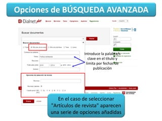 Opciones de BÚSQUEDA AVANZADA
Introduce la palabra/s
clave en el título y
limita por fechas de
publicación
 
