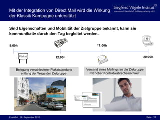Mit der Integration von Direct Mail wird die Wirkung der Klassik Kampagne unterstützt Plakat 8:00h 12:00h 17:00h 20:00h Sind Eigenschaften und Mobilität der Zielgruppe bekannt, kann sie kommunikativ durch den Tag begleitet werden. Versand eines Mailings an die Zielgruppe mit hoher Kontaktwahrscheinlichkeit  Belegung verschiedener Plakatstandorte entlang der Wege der Zielgruppe  
