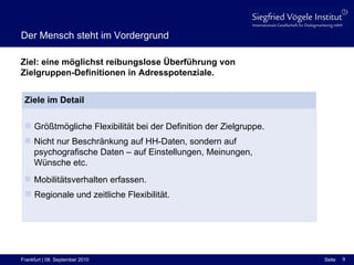 Der Mensch steht im Vordergrund Ziel: eine möglichst reibungslose Überführung von  Zielgruppen-Definitionen in Adresspotenziale. Ziele im Detail Größtmögliche Flexibilität bei der Definition der Zielgruppe. Nicht nur Beschränkung auf HH-Daten, sondern auf   psychografische Daten – auf Einstellungen, Meinungen,  Wünsche etc. Mobilitätsverhalten erfassen. Regionale und zeitliche Flexibilität. 