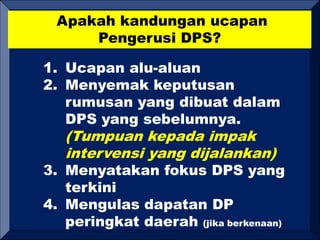 Apakah kandungan ucapan
Pengerusi DPS?
1. Ucapan alu-aluan
2. Menyemak keputusan
rumusan yang dibuat dalam
DPS yang sebelumnya.
(Tumpuan kepada impak
intervensi yang dijalankan)
3. Menyatakan fokus DPS yang
terkini
4. Mengulas dapatan DP
peringkat daerah (jika berkenaan)
 