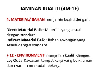 JAMINAN KUALITI (4M-1E)
4. MATERIAL/ BAHAN menjamin kualiti dengan:
Direct Material Baik : Material yang sesuai
dengan standard.
Indirect Material Baik : Bahan sokongan yang
sesuai dengan standard
+ 1E - ENVIRONMENT menjamin kualiti dengan:
Lay Out : Kawasan tempat kerja yang baik, aman
dan nyaman memudah bekerja.
 