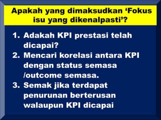 Apakah yang dimaksudkan ‘Fokus
isu yang dikenalpasti’?
1. Adakah KPI prestasi telah
dicapai?
2. Mencari korelasi antara KPI
dengan status semasa
/outcome semasa.
3. Semak jika terdapat
penurunan berterusan
walaupun KPI dicapai
 