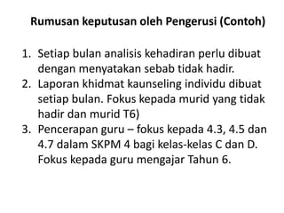 Rumusan keputusan oleh Pengerusi (Contoh)
1. Setiap bulan analisis kehadiran perlu dibuat
dengan menyatakan sebab tidak hadir.
2. Laporan khidmat kaunseling individu dibuat
setiap bulan. Fokus kepada murid yang tidak
hadir dan murid T6)
3. Pencerapan guru – fokus kepada 4.3, 4.5 dan
4.7 dalam SKPM 4 bagi kelas-kelas C dan D.
Fokus kepada guru mengajar Tahun 6.
 