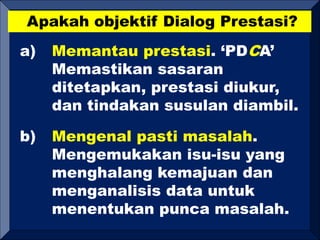 Apakah objektif Dialog Prestasi?
a) Memantau prestasi. ‘PDCA’
Memastikan sasaran
ditetapkan, prestasi diukur,
dan tindakan susulan diambil.
b) Mengenal pasti masalah.
Mengemukakan isu-isu yang
menghalang kemajuan dan
menganalisis data untuk
menentukan punca masalah.
 