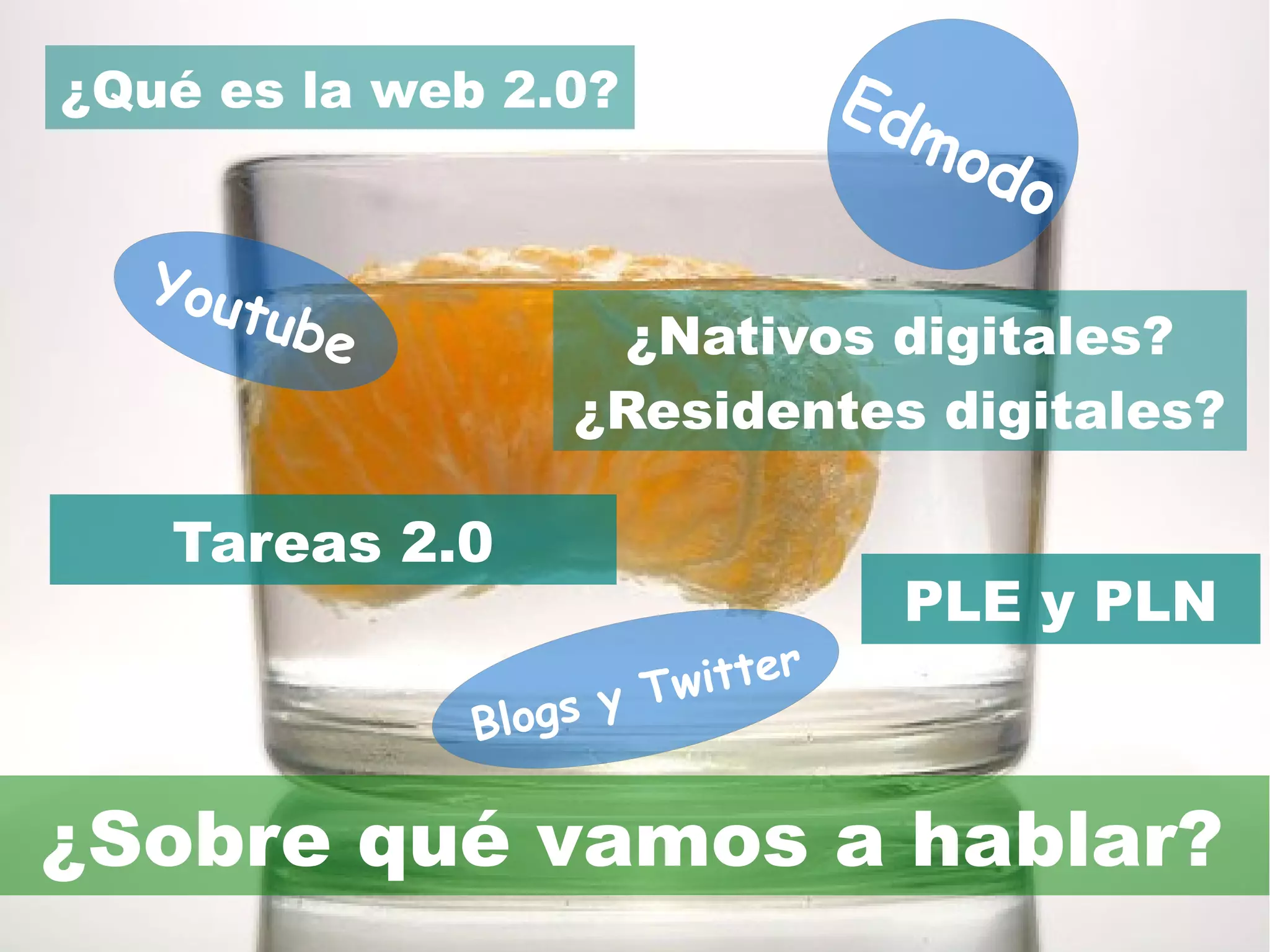 ¿Sobre qué vamos a hablar?
¿Qué es la web 2.0?
¿Nativos digitales?
¿Residentes digitales?
Tareas 2.0
Edmodo
Youtube
PLE y PLN
Blogs y Twitter