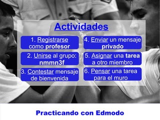Practicando con Edmodo
Actividades
1. Registrarse
como profesor
2. Unirse al grupo:
nmmn3f
3. Contestar mensaje
de bienvenida
4. Enviar un mensaje
privado
5. Asignar una tarea
a otro miembro
6. Pensar una tarea
para el muro
 