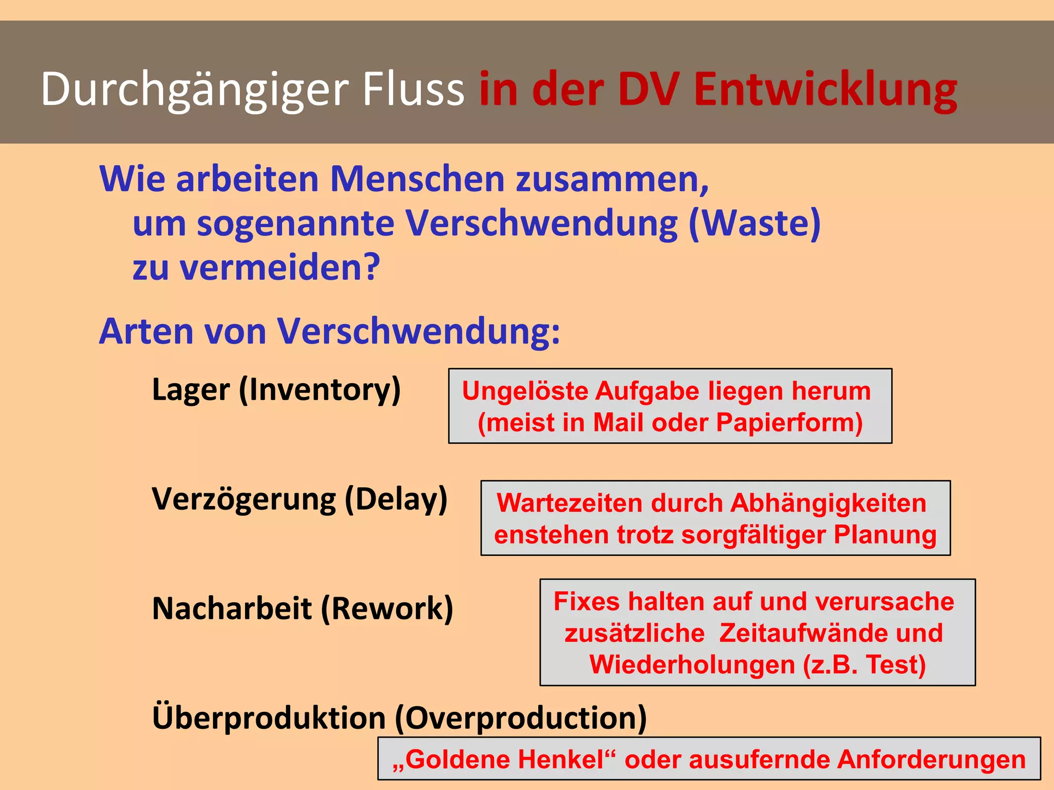 Durchgängiger Fluss in der DV Entwicklung
  Wie arbeiten Menschen zusammen,
   um sogenannte Verschwendung (Waste)
   zu vermeiden?
  Arten von Verschwendung:
     Lager (Inventory)     Ungelöste Aufgabe liegen herum
                            (meist in Mail oder Papierform)

     Verzögerung (Delay)     Wartezeiten durch Abhängigkeiten
                             enstehen trotz sorgfältiger Planung

     Nacharbeit (Rework)          Fixes halten auf und verursache
                                   zusätzliche Zeitaufwände und
                                     Wiederholungen (z.B. Test)

     Überproduktion (Overproduction)
                     „Goldene Henkel“ oder ausufernde Anforderungen
 